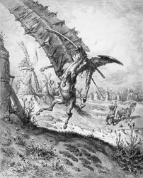 Don Quijote und die Windmühlen, aus „Don Quijote de la Mancha“ von Miguel de Cervantes (1547-1616), gestochen von Héliodore Joseph Pisan (1822-90)